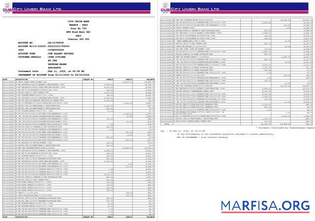 Printable India City Union bank statement of account word 2 pages download for verification